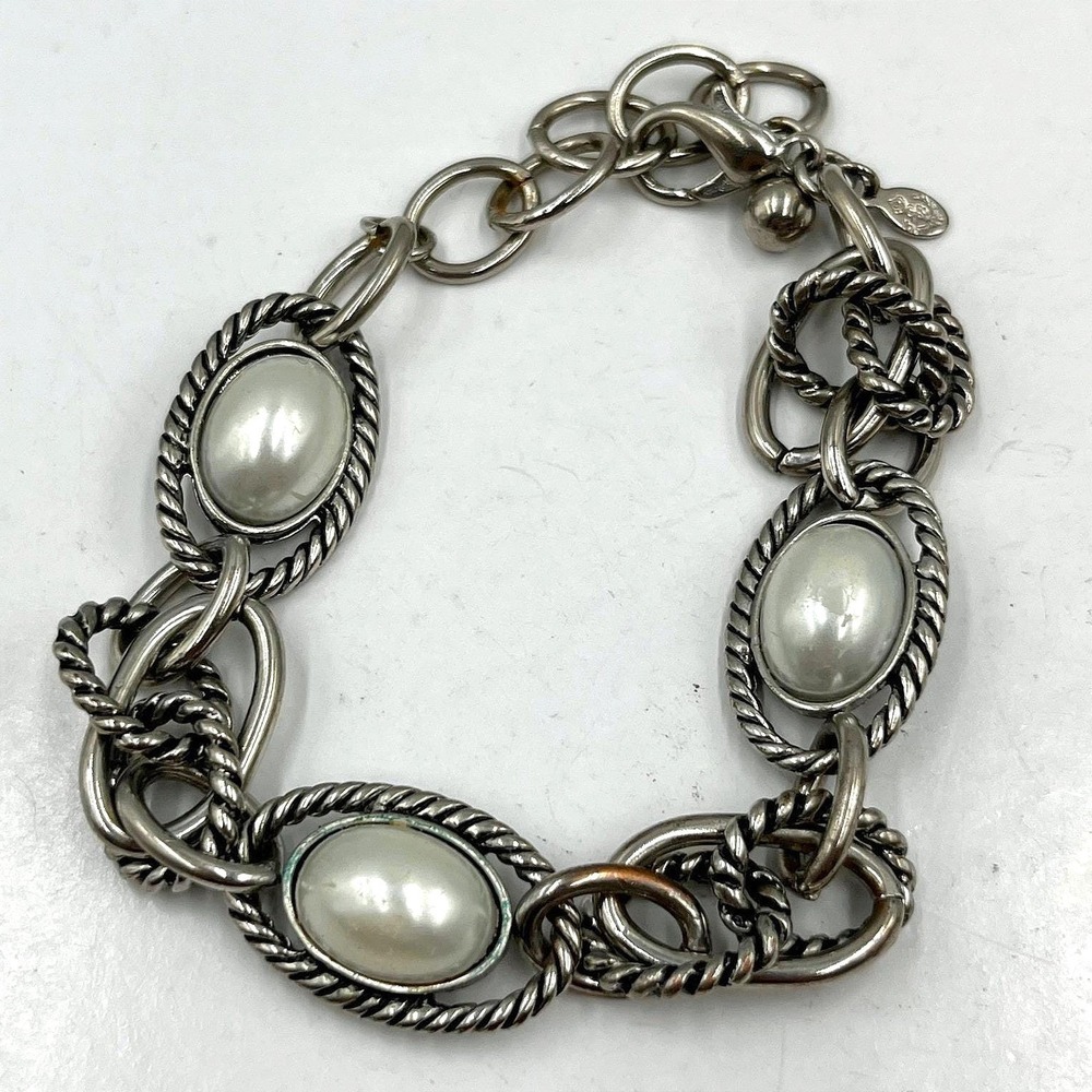 VTG Silver Tone Chunky‎ Link Faux Pearl Bracelet Twisted Rope Cabochon Statement